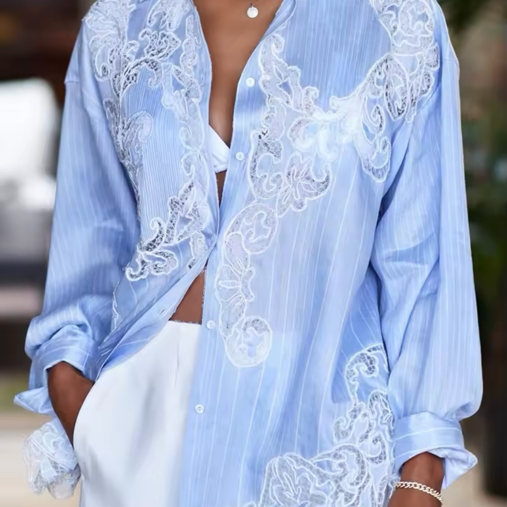 Vintage Blue Striped Lace Blouse